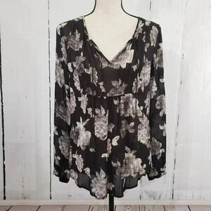 Lucky Brand Black Floral Boho Tassel Top